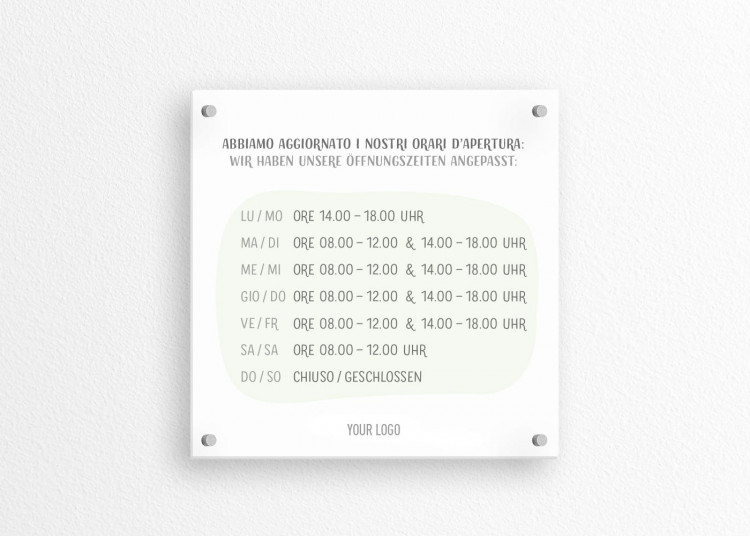 Schild 15 x 15 cm | Handzeichnung - Öffnungszeiten (de/it)