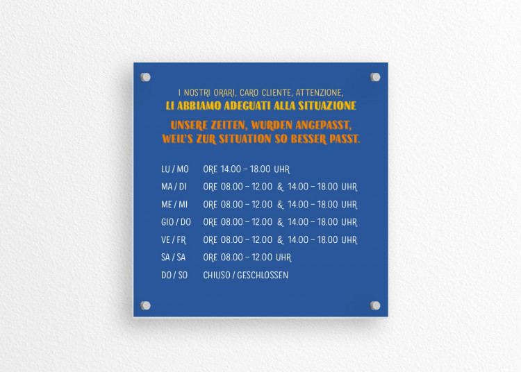 Schild 15 x 15 cm | Typo - Öffnungszeiten (de/it)