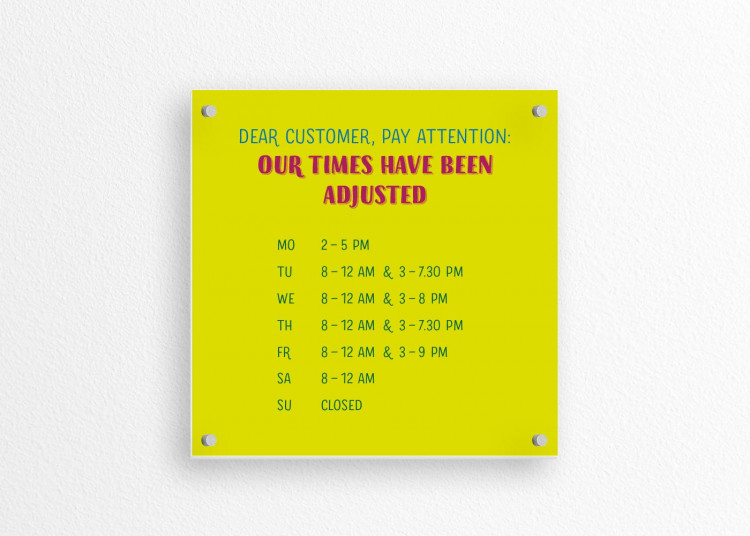 Schild 15 x 15 cm | Typo - Öffnungszeiten (en)