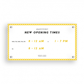 Schild 21 x 11 cm | gelb - Öffnungszeiten (en)
