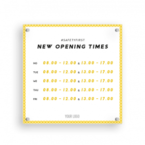 Schild 15 x 15 cm | gelb - Öffnungszeiten (en)